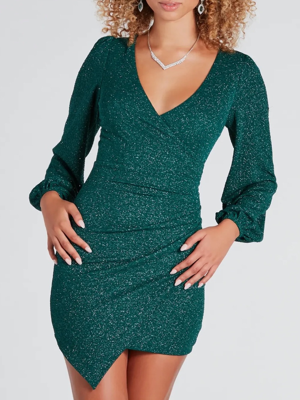 Windsor Emerald Green Long-Sleeve Draped Wrap Dress